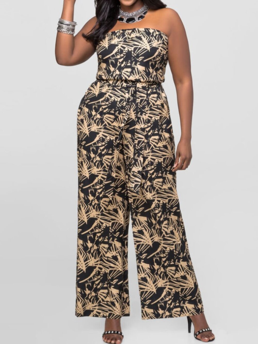 Ashley Stewart Tropical Tan & Black Strapless Jumpsuit
